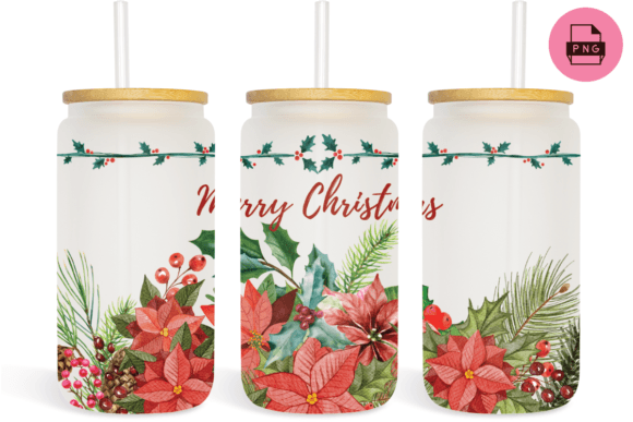 16oz Libbey Glass Can Christmas Flowers
