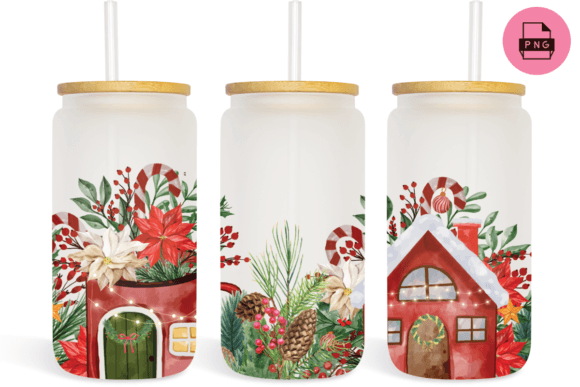 Christmas Flowers 16 Oz Libbey Glass Can